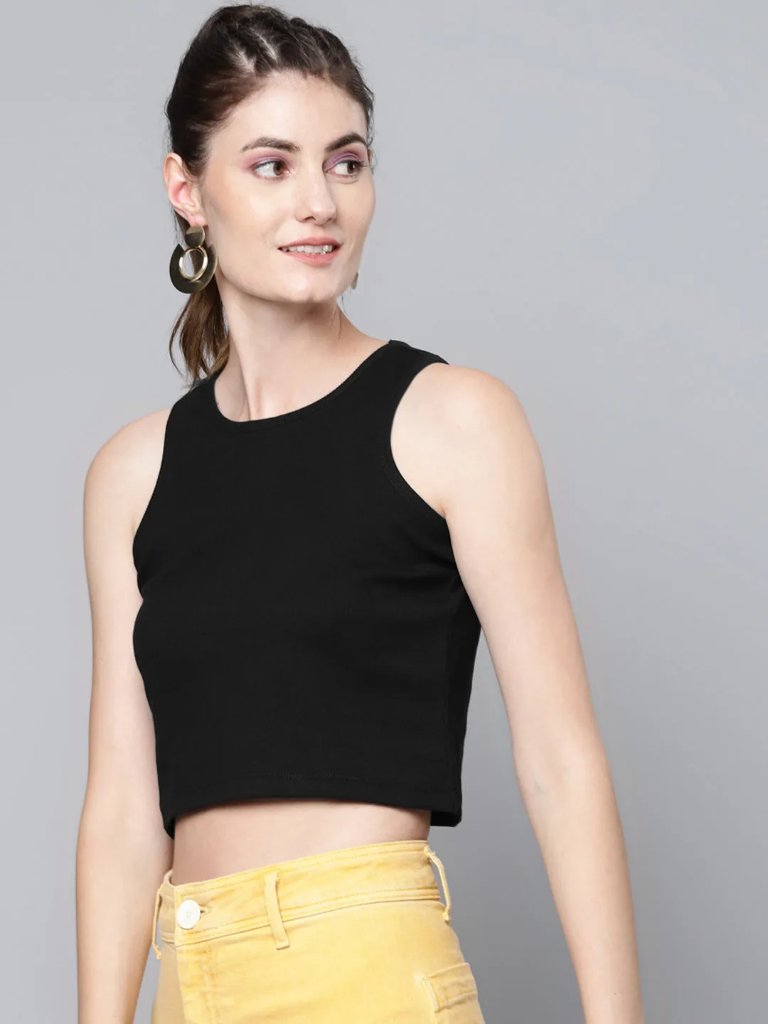 Women Black Box Back Rib Crop Top