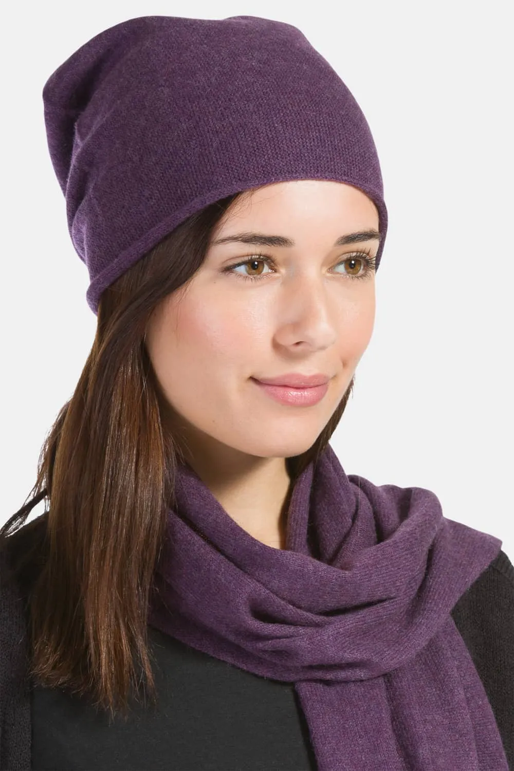 Women's 2pc 100% Cashmere Slouchy Beanie & Knit Scarf Set with Gift Box