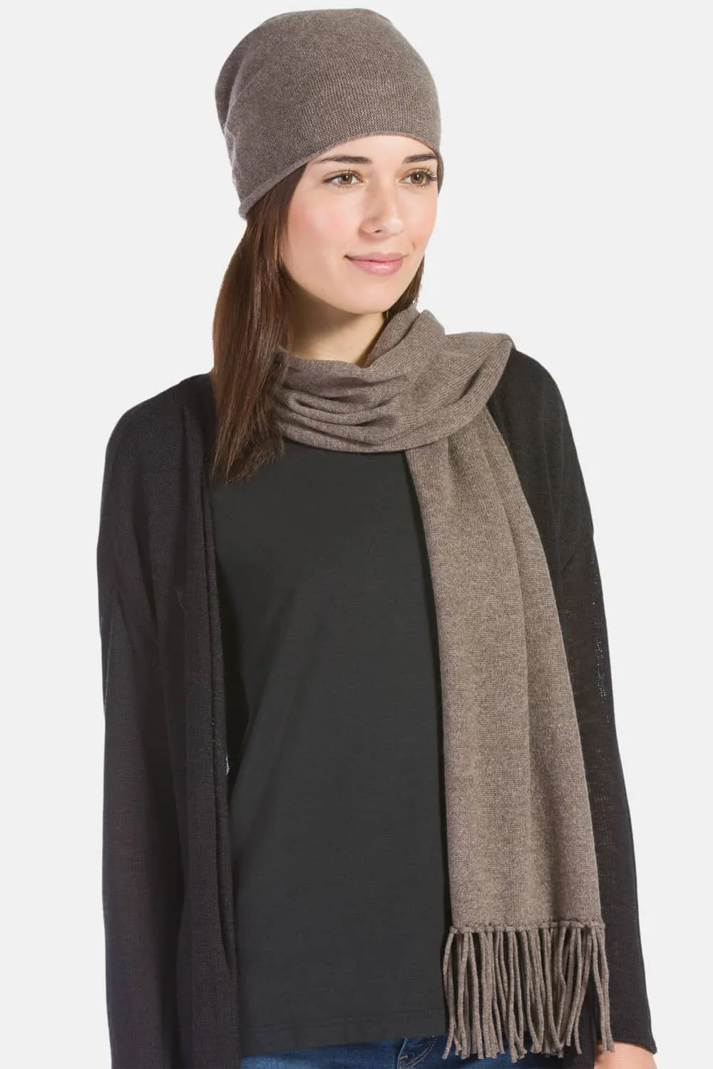 Women's 2pc 100% Cashmere Slouchy Beanie & Knit Scarf Set with Gift Box