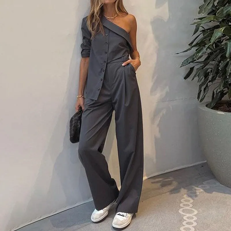 Women's Fashion Casual Single Shoulder Irregular Tops Loose Pants Two-piece