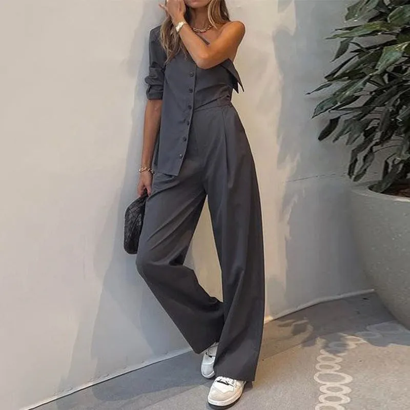 Women's Fashion Casual Single Shoulder Irregular Tops Loose Pants Two-piece