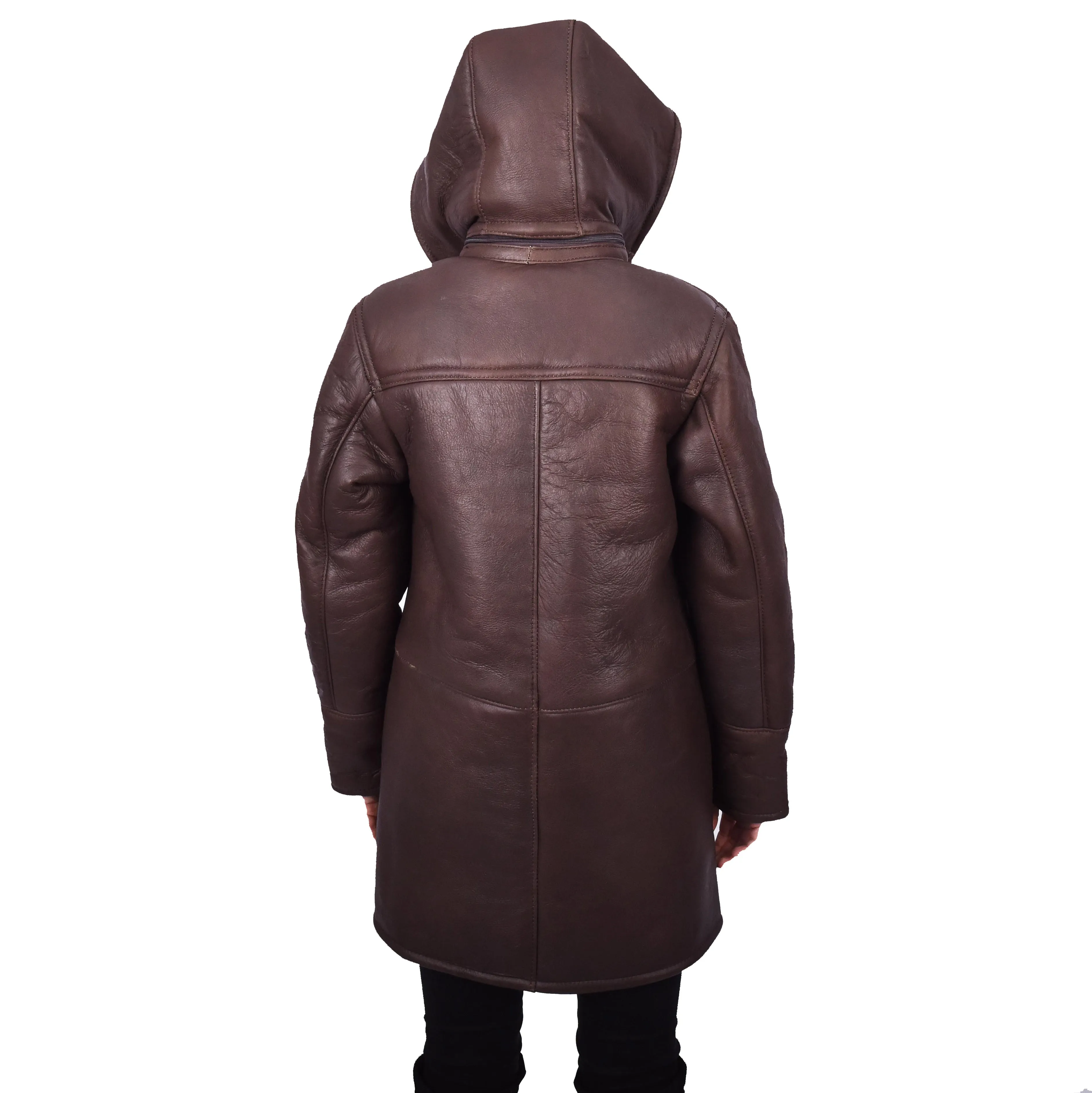 Womens Genuine Sheepskin Leather Long Duffle Coat Hooded Style Winter Allesia Brown