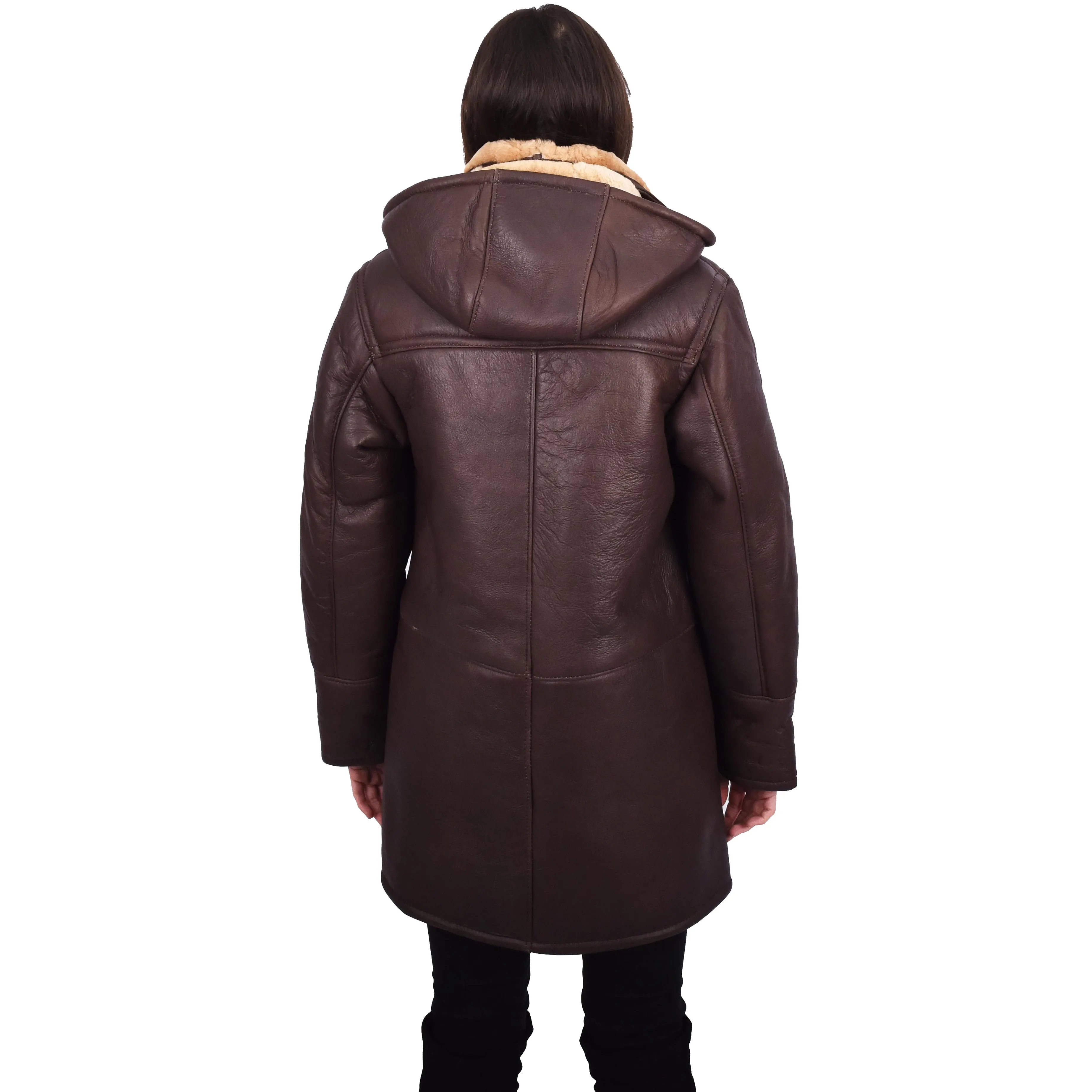 Womens Genuine Sheepskin Leather Long Duffle Coat Hooded Style Winter Allesia Brown