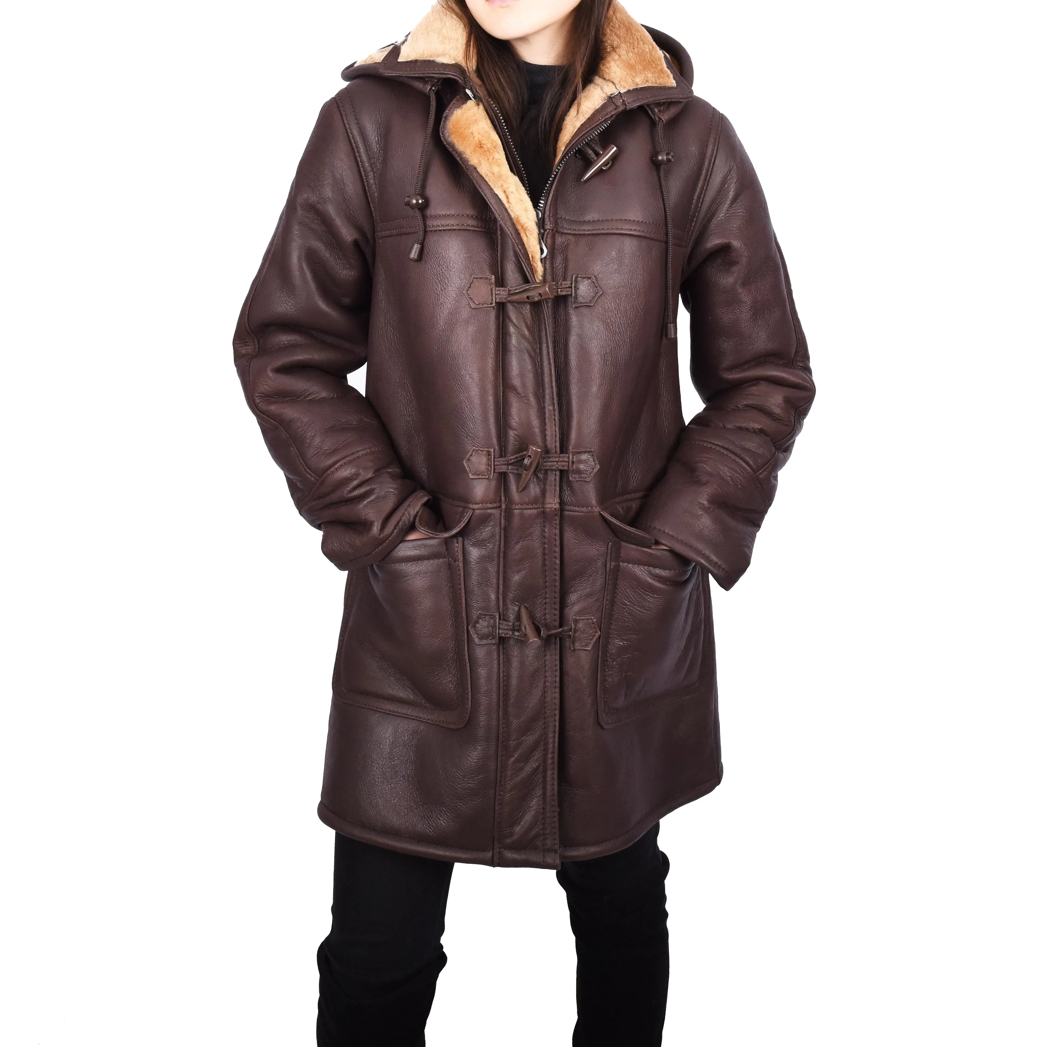 Womens Genuine Sheepskin Leather Long Duffle Coat Hooded Style Winter Allesia Brown