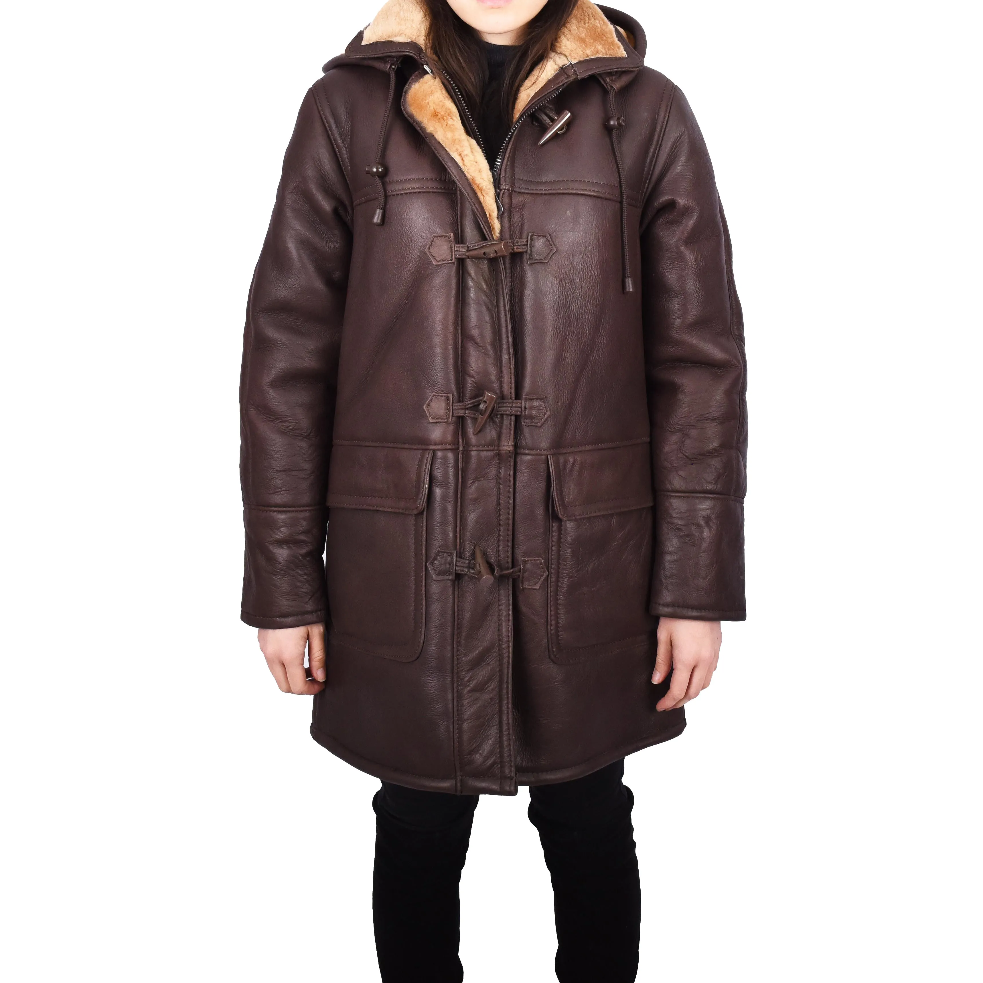 Womens Genuine Sheepskin Leather Long Duffle Coat Hooded Style Winter Allesia Brown