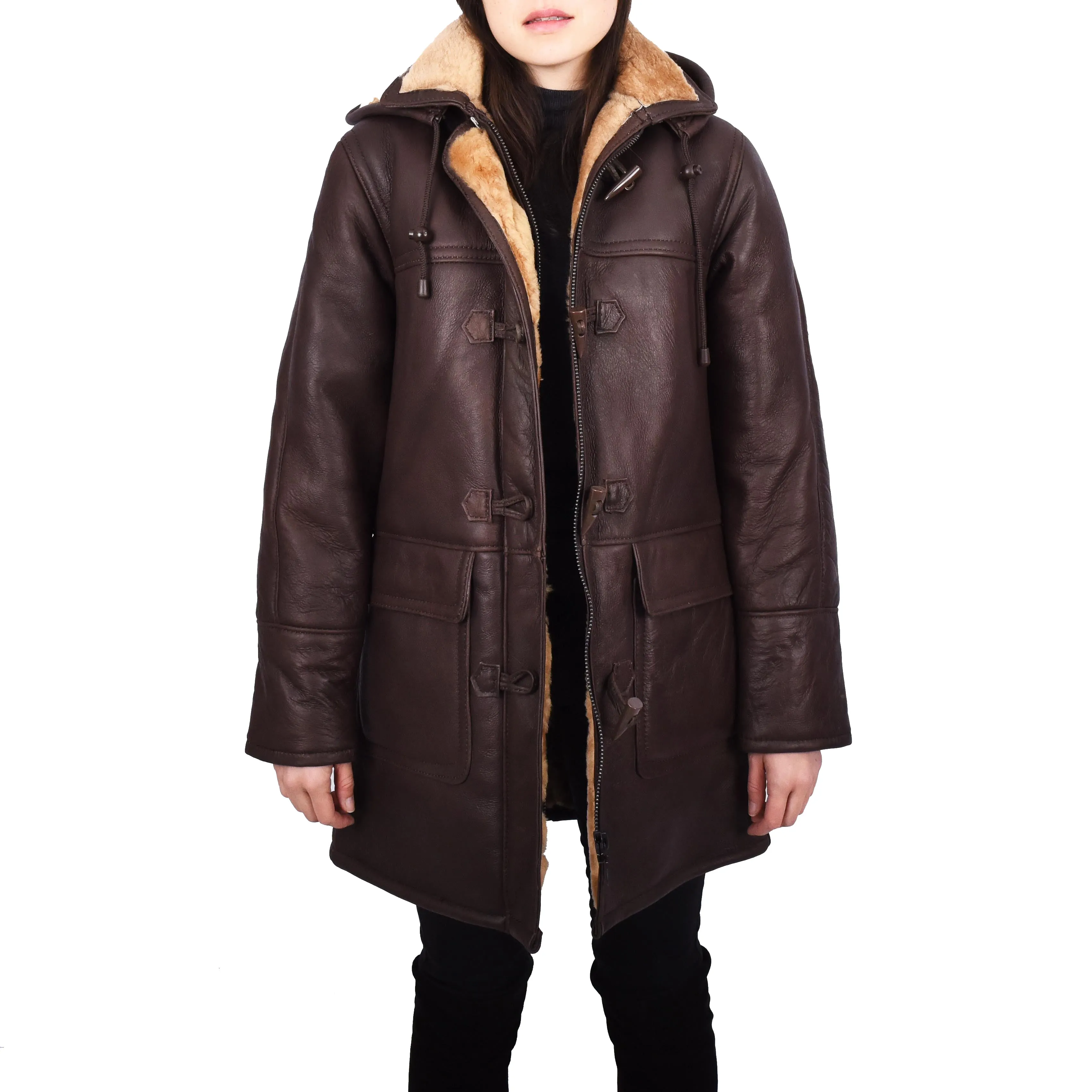 Womens Genuine Sheepskin Leather Long Duffle Coat Hooded Style Winter Allesia Brown