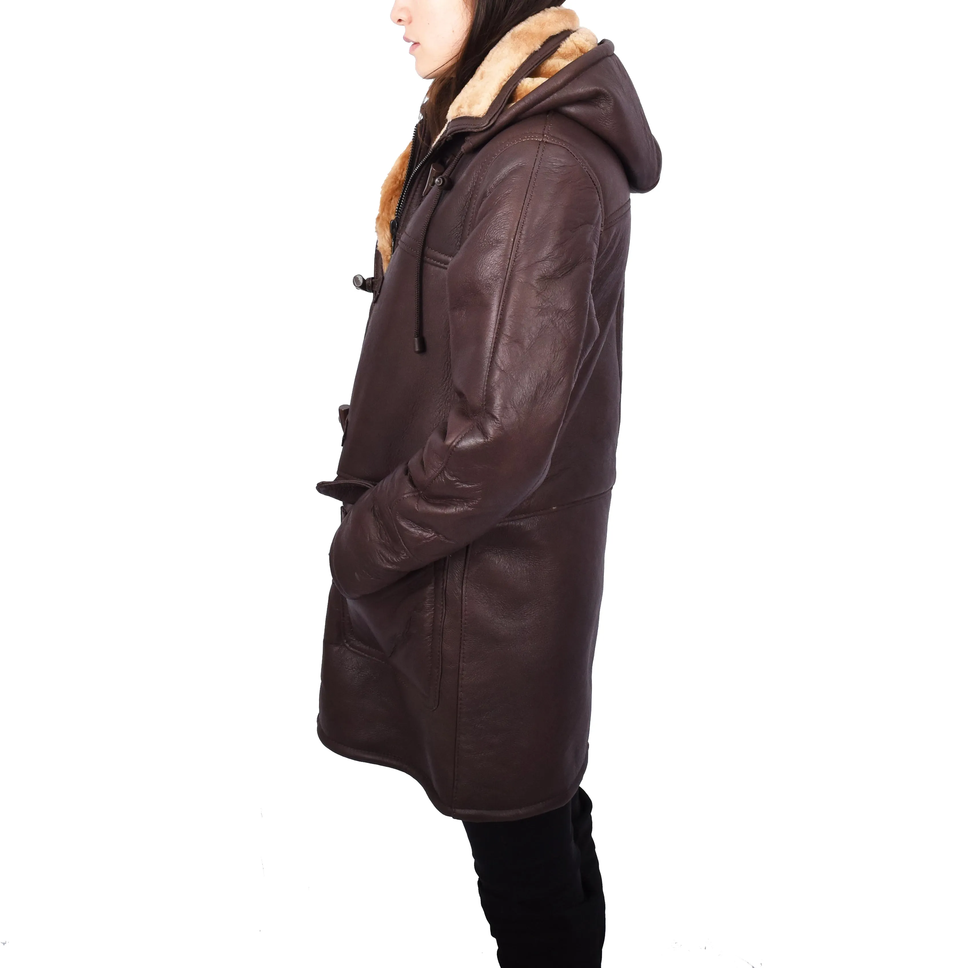 Womens Genuine Sheepskin Leather Long Duffle Coat Hooded Style Winter Allesia Brown