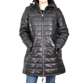 Women's Leather 3/4 Length Coat Puffer Detachable Hoodie Tuva Black