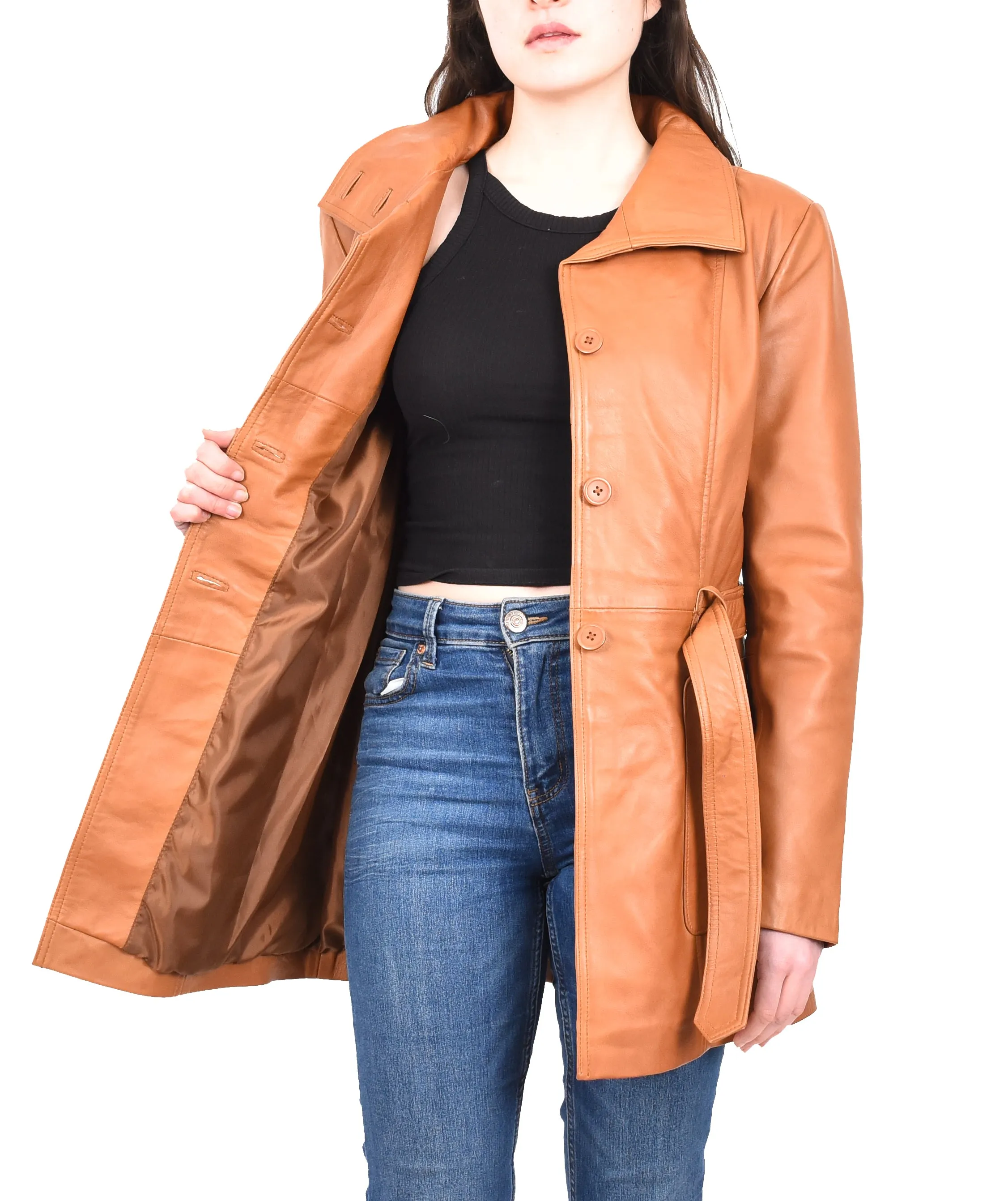 Women's Mid Length Winter Real Leather Coat Tan Soulara