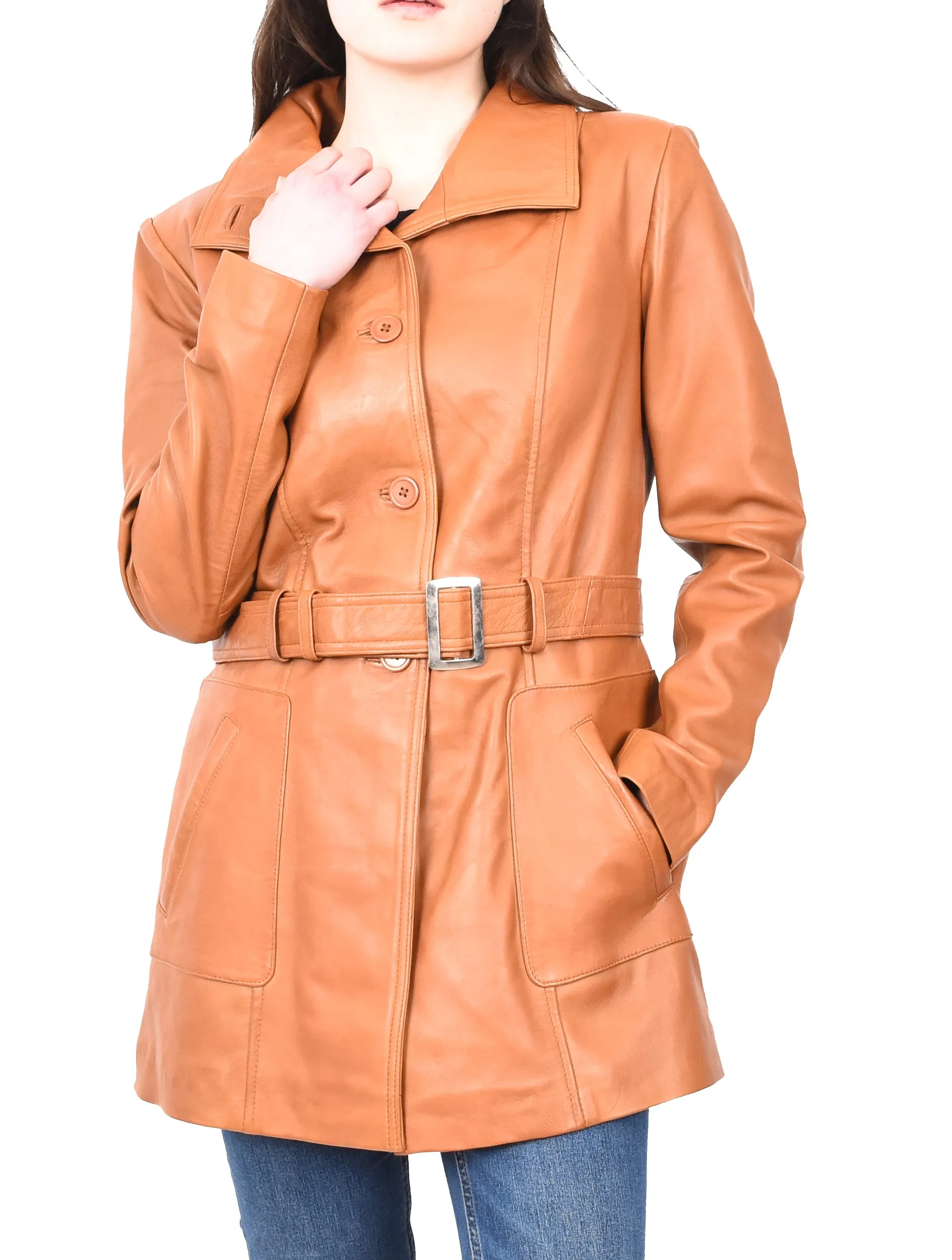 Women's Mid Length Winter Real Leather Coat Tan Soulara