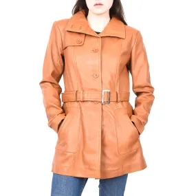 Women's Mid Length Winter Real Leather Coat Tan Soulara