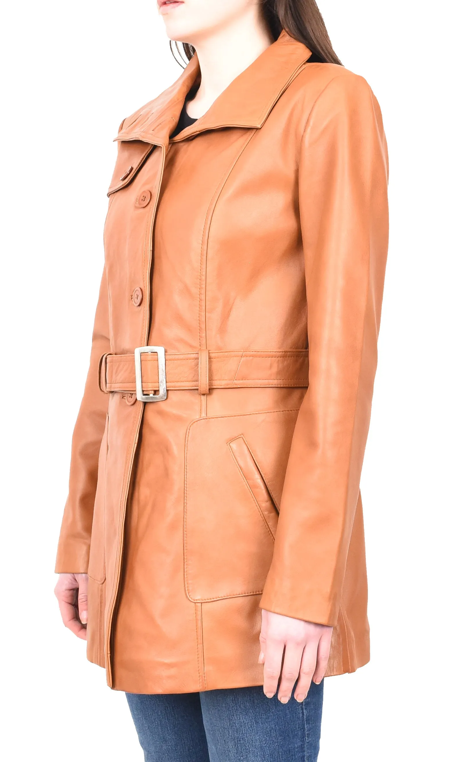 Women's Mid Length Winter Real Leather Coat Tan Soulara