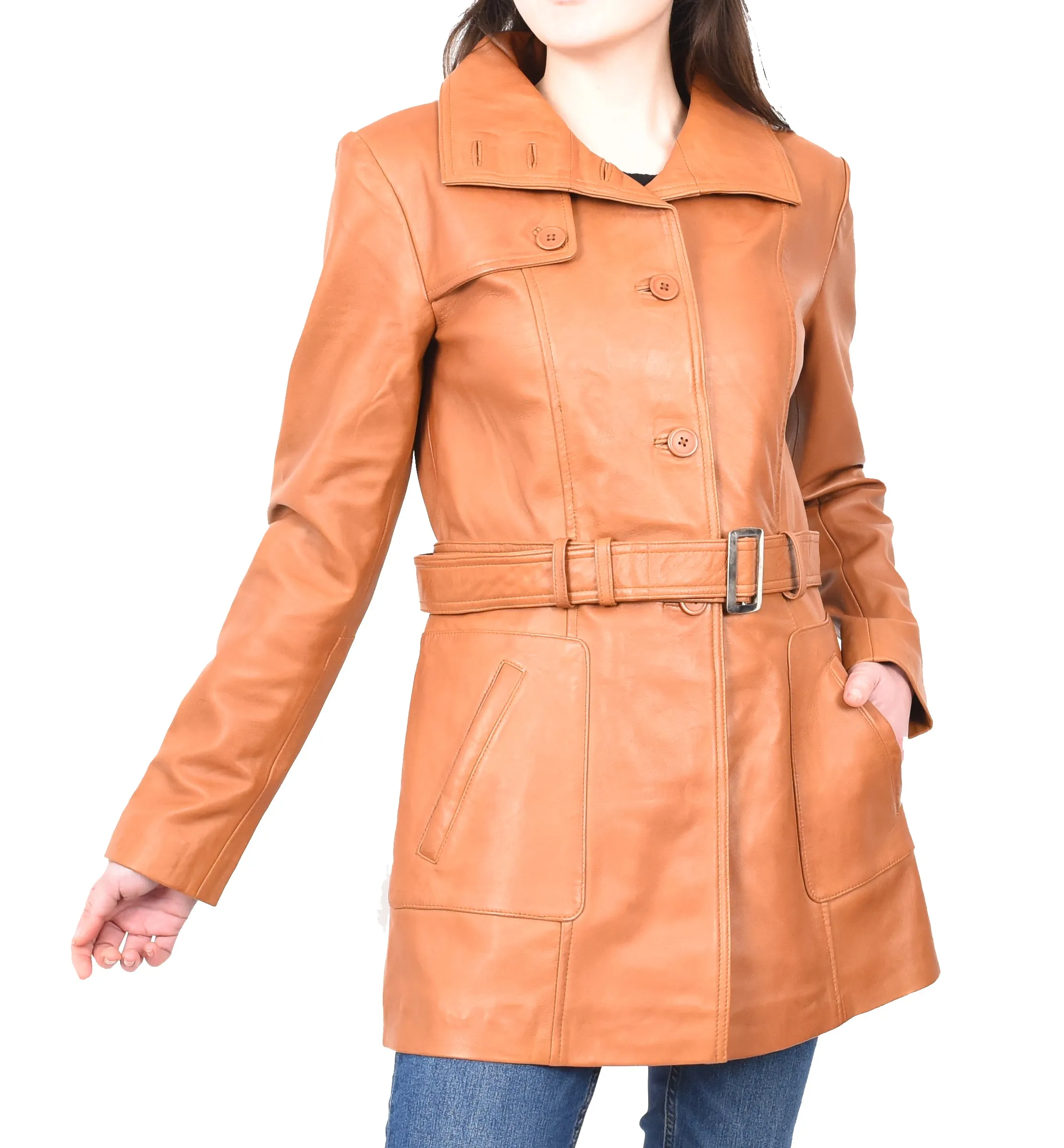 Women's Mid Length Winter Real Leather Coat Tan Soulara