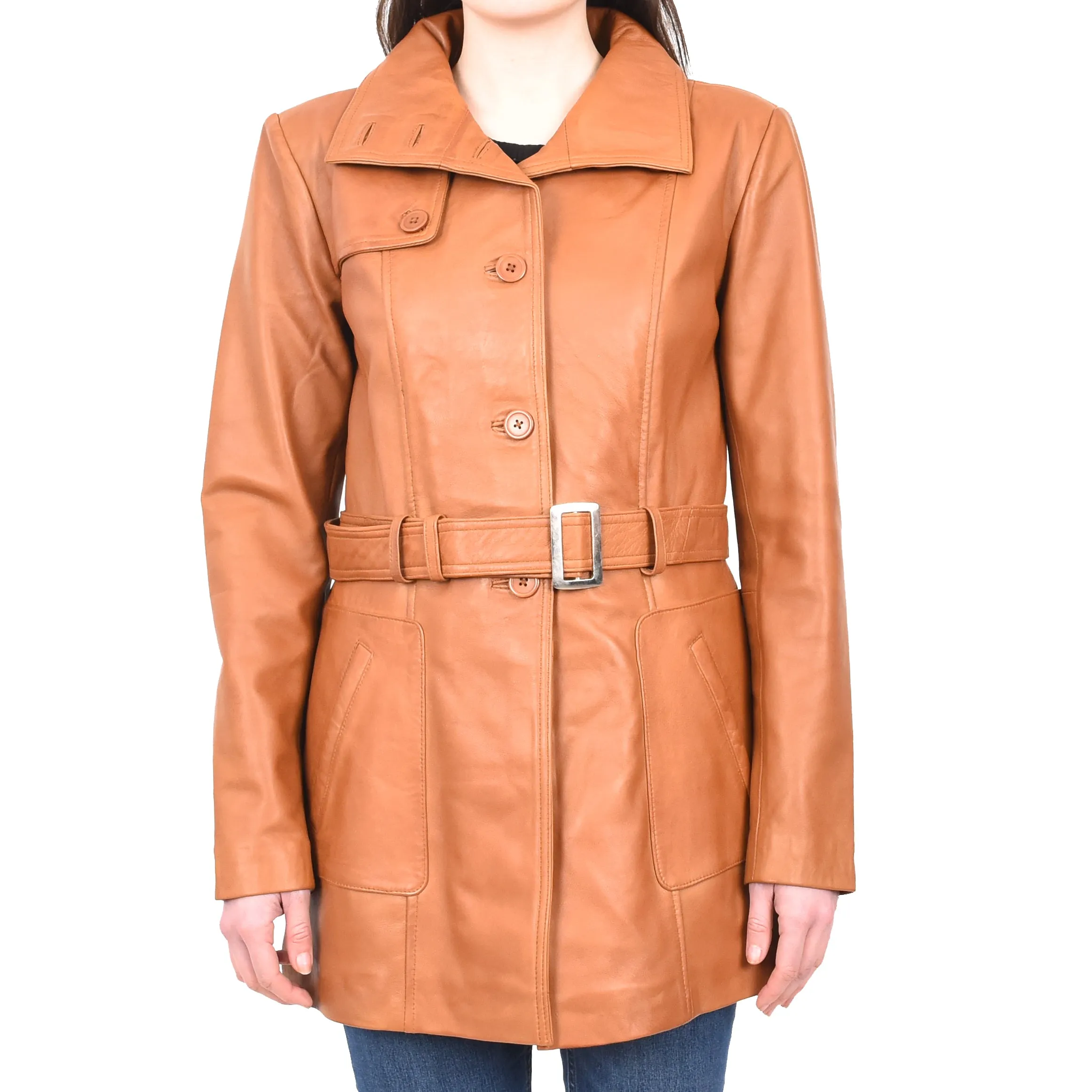 Women's Mid Length Winter Real Leather Coat Tan Soulara