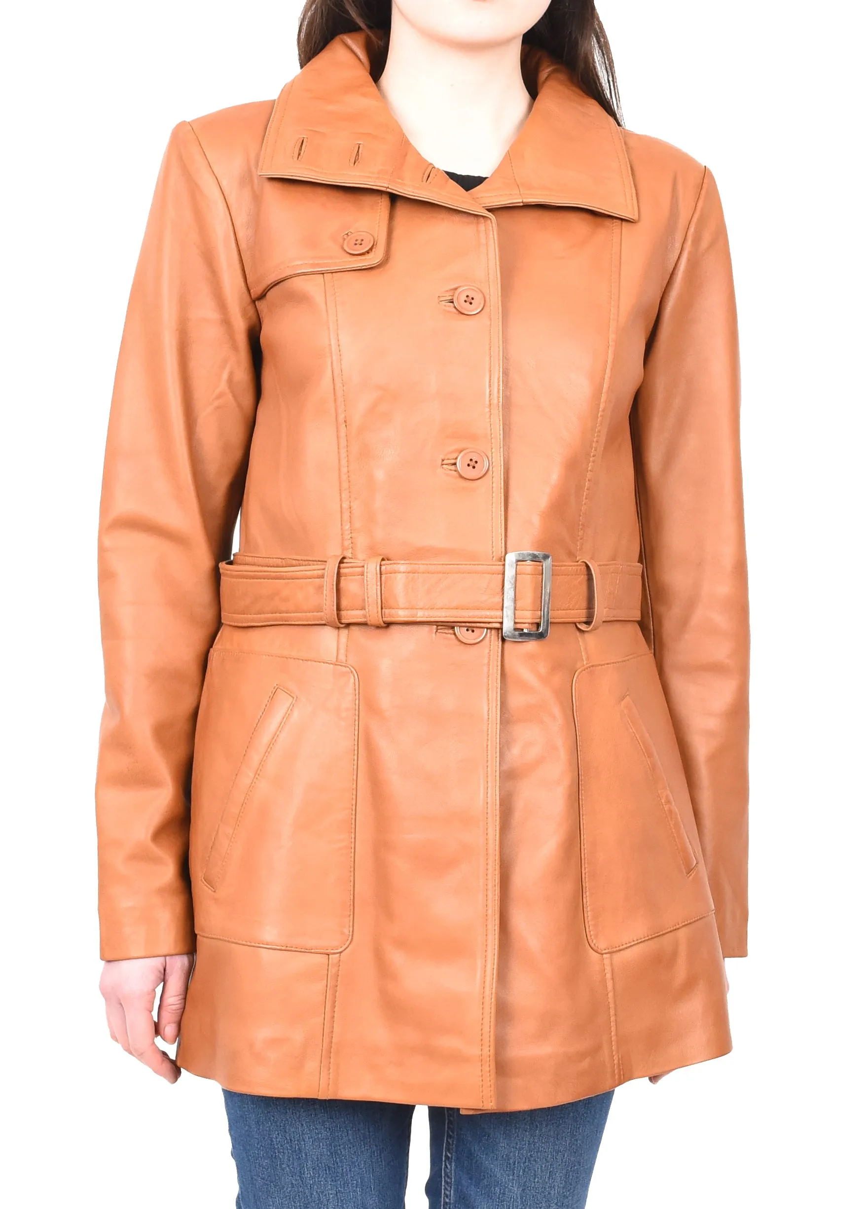 Women's Mid Length Winter Real Leather Coat Tan Soulara