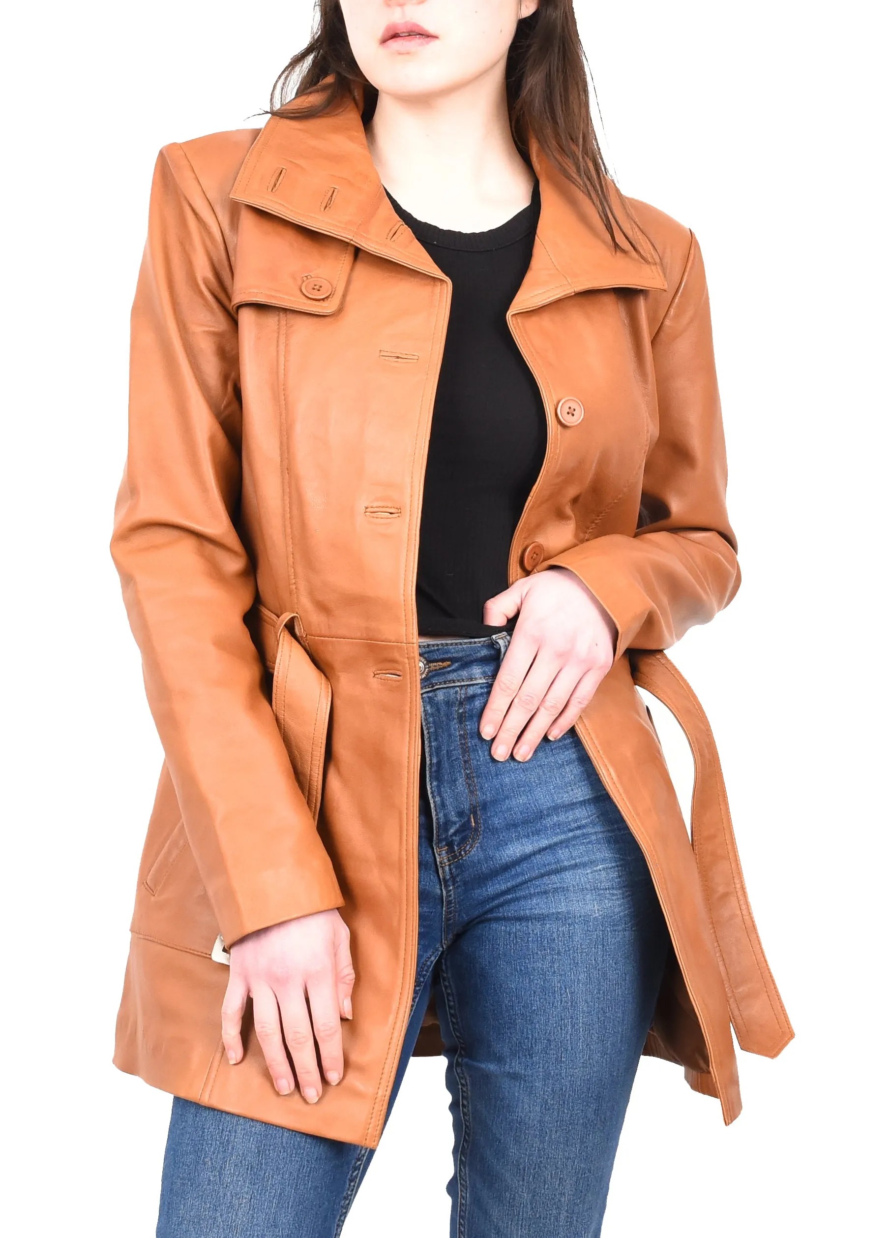 Women's Mid Length Winter Real Leather Coat Tan Soulara