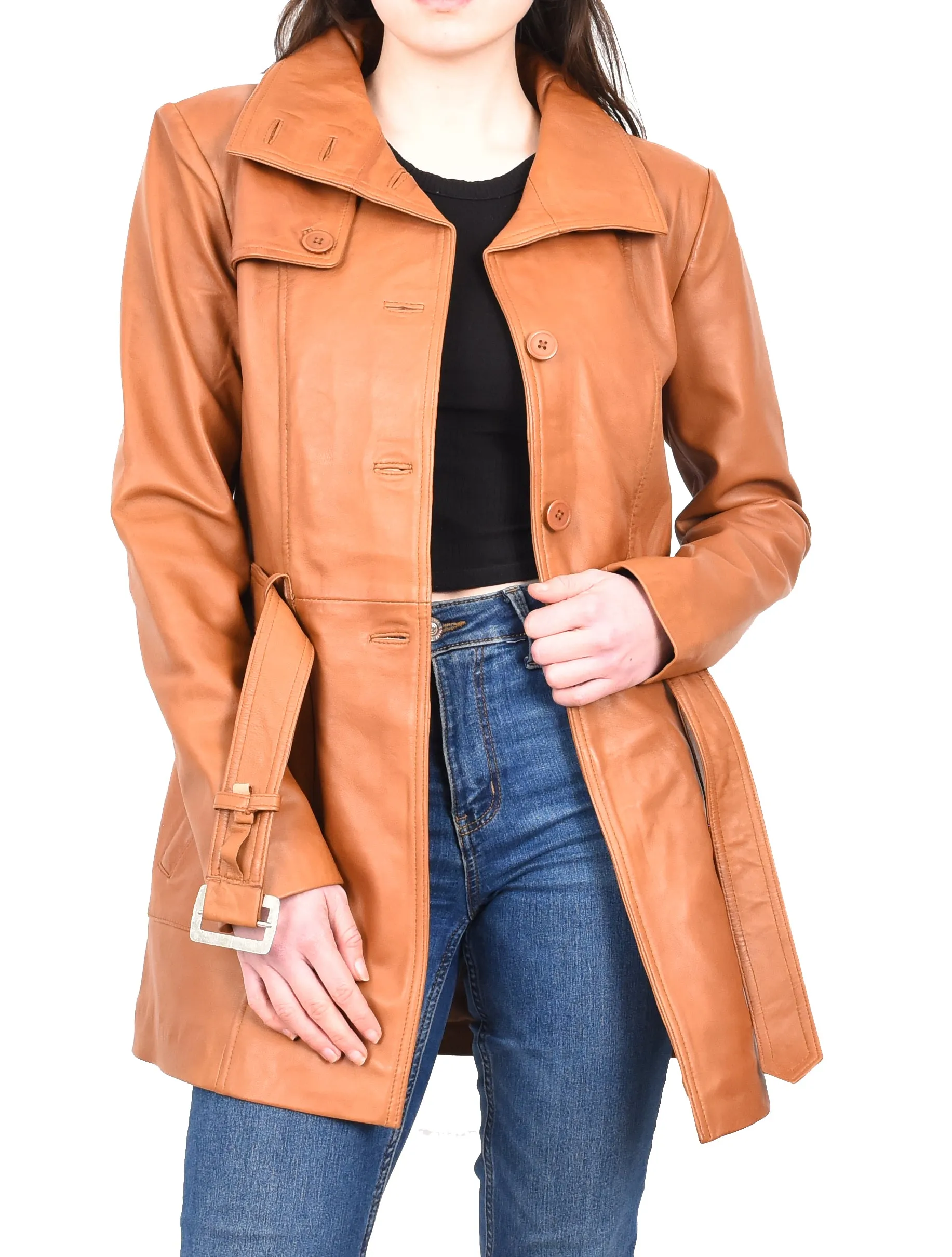 Women's Mid Length Winter Real Leather Coat Tan Soulara