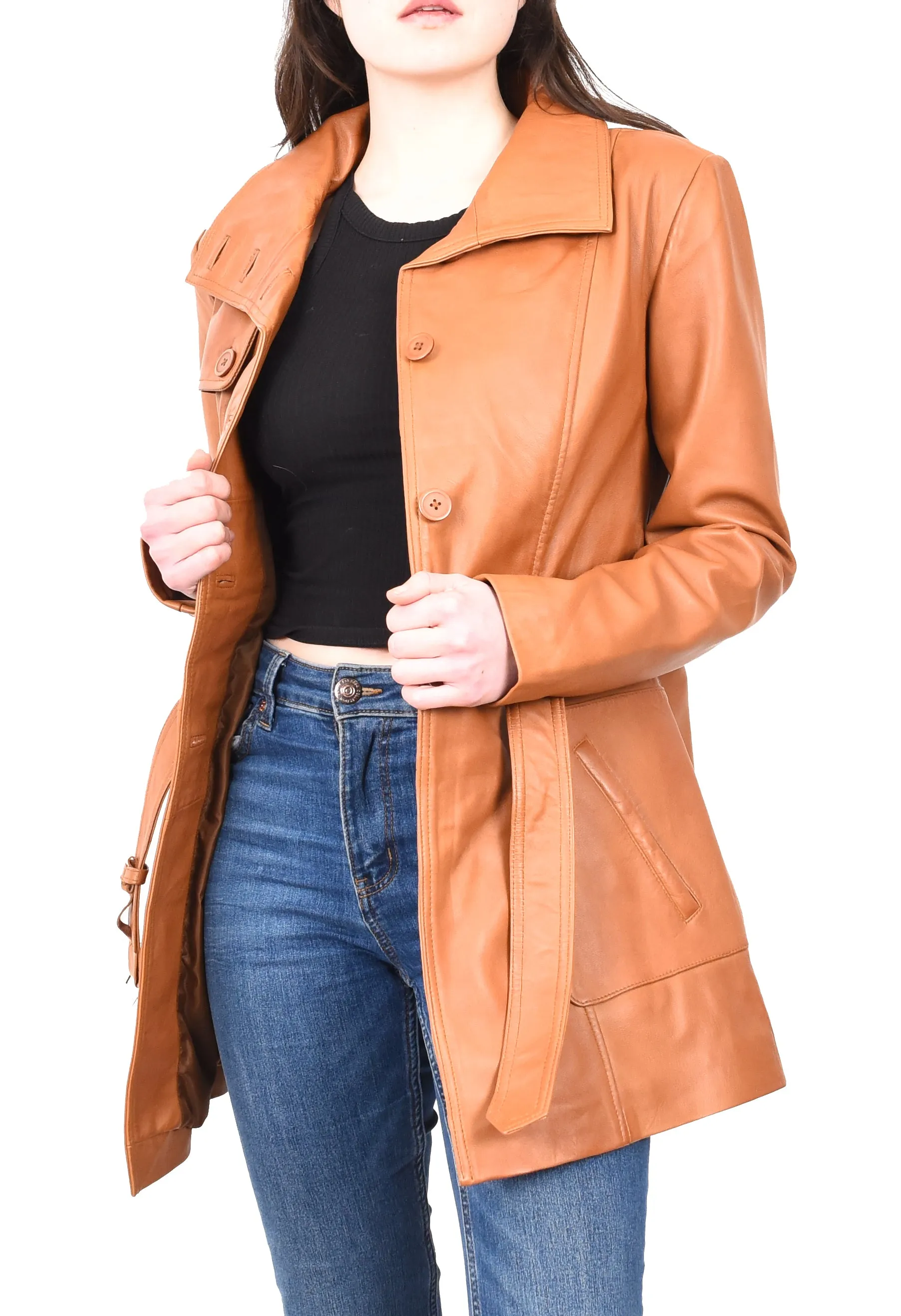 Women's Mid Length Winter Real Leather Coat Tan Soulara