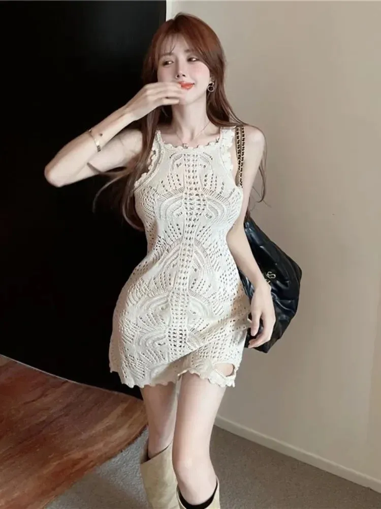 Y2k Knitted Hollow Out Sexy Mini Dress Women Autumn Knit Slip Party Bodycon Wrap Slim Spaghetti Strap Short Dresses