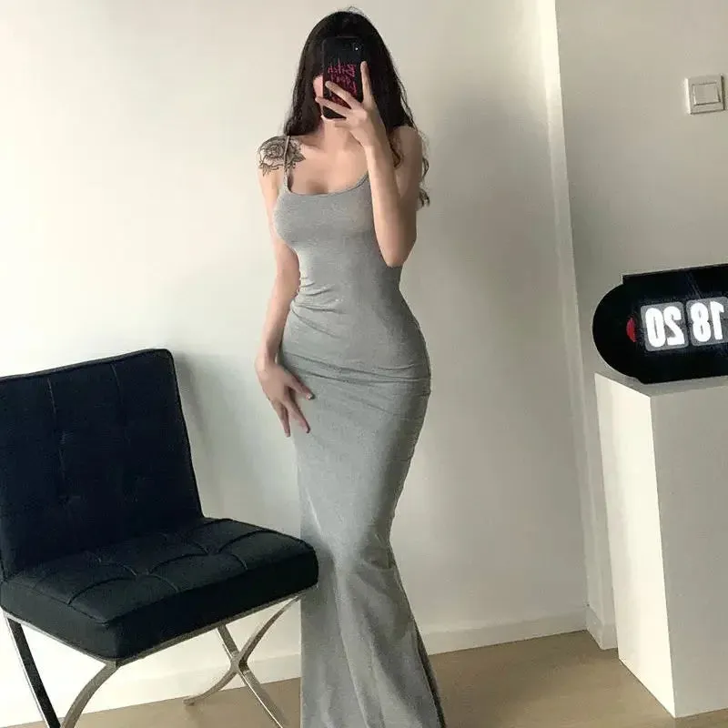 Y2k Sexy Bodycon Slip Long Dress Women Vintage Elegant Wrap Slim Spaghetti Strap Maxi Dresses Party Evening Fashion