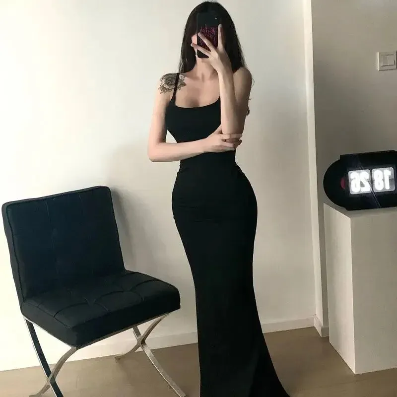 Y2k Sexy Bodycon Slip Long Dress Women Vintage Elegant Wrap Slim Spaghetti Strap Maxi Dresses Party Evening Fashion